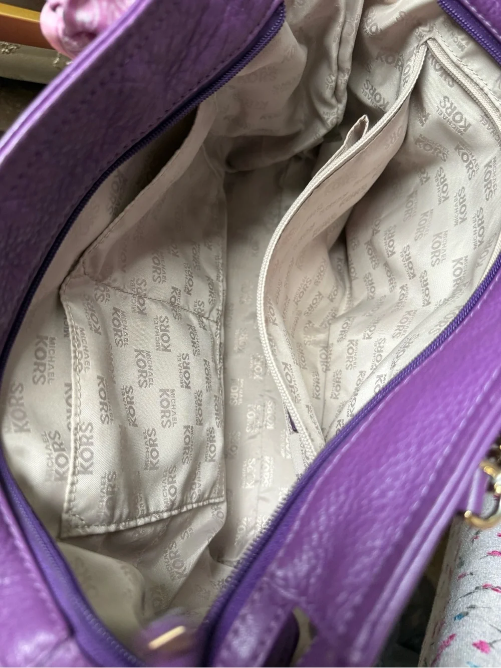Michael Kors Purple Leather Tote Bag with Pink Scarf Accent - Picture 8 of 9